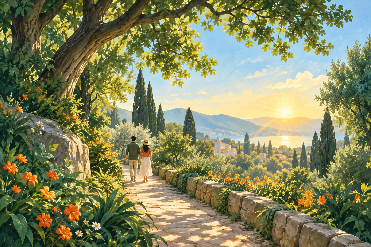 Two people walk along a flower-lined garden path toward a golden sunrise.